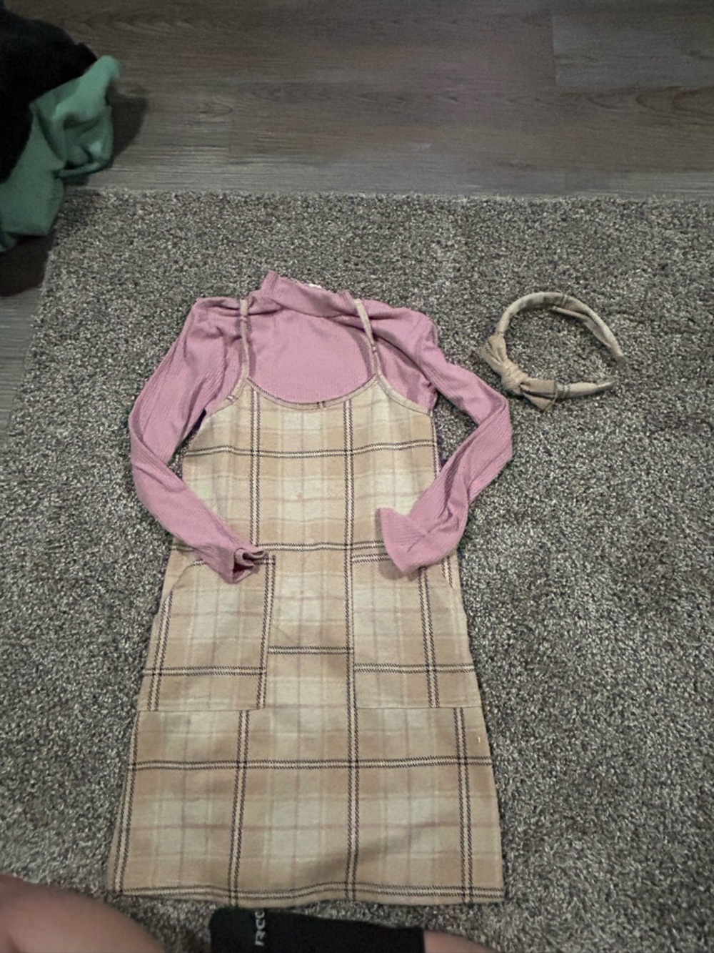 btween Pink Top with Beige Plaid Slip Dress